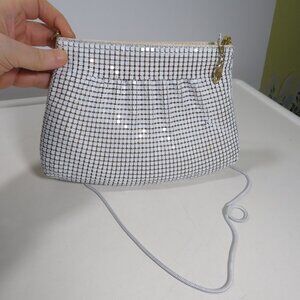 White Evening Bag with metal chain link cover & metal strap Formal Purse Retro